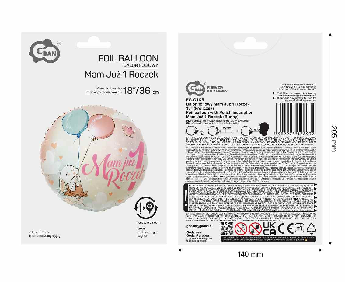 Foil balloon with Polish inscription Mam Już 1 Roczek (Bunny)